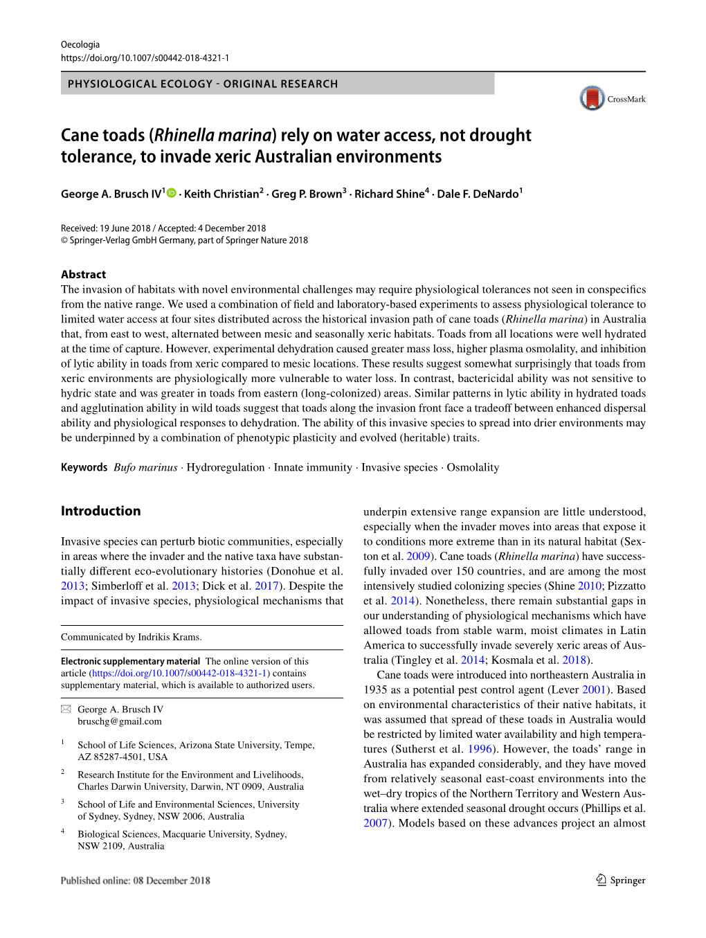 Cane Toads (Rhinella Marina) Rely on Water Access, Not Drought Tolerance, to Invade Xeric Australian Environments