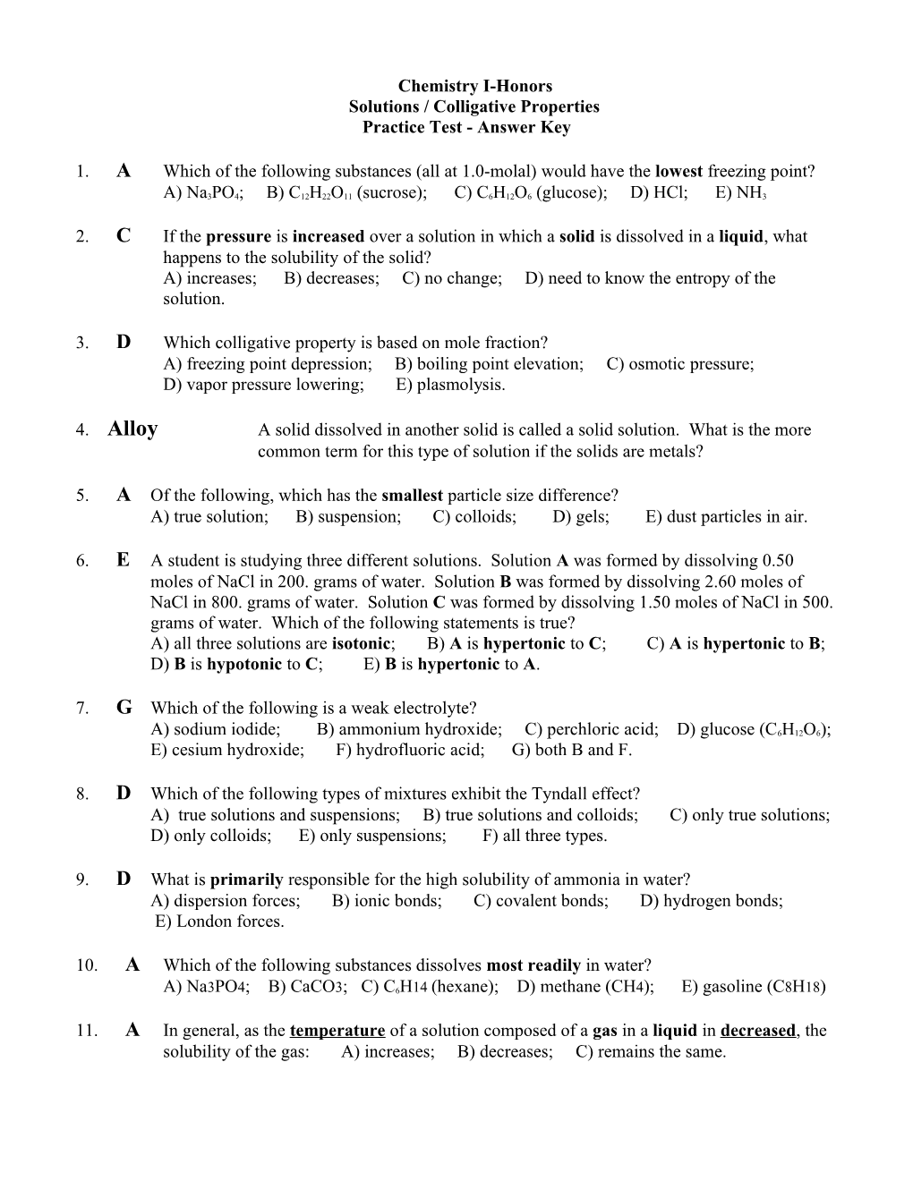 Chemistry I-Honors