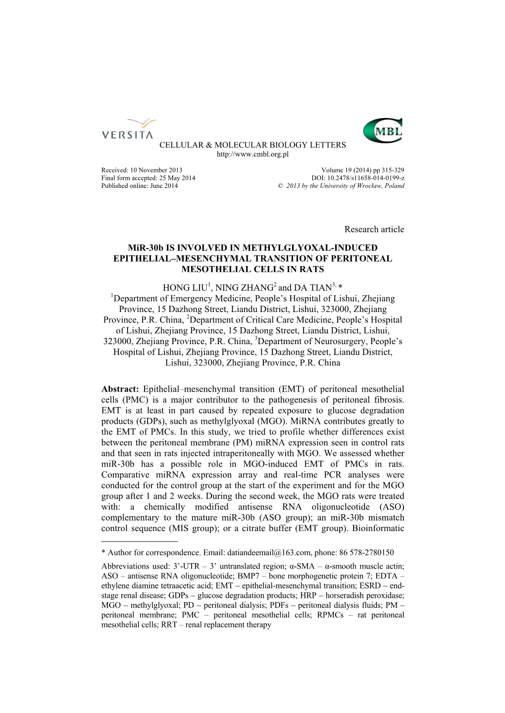 Research Article Mir-30B IS INVOLVED in METHYLGLYOXAL