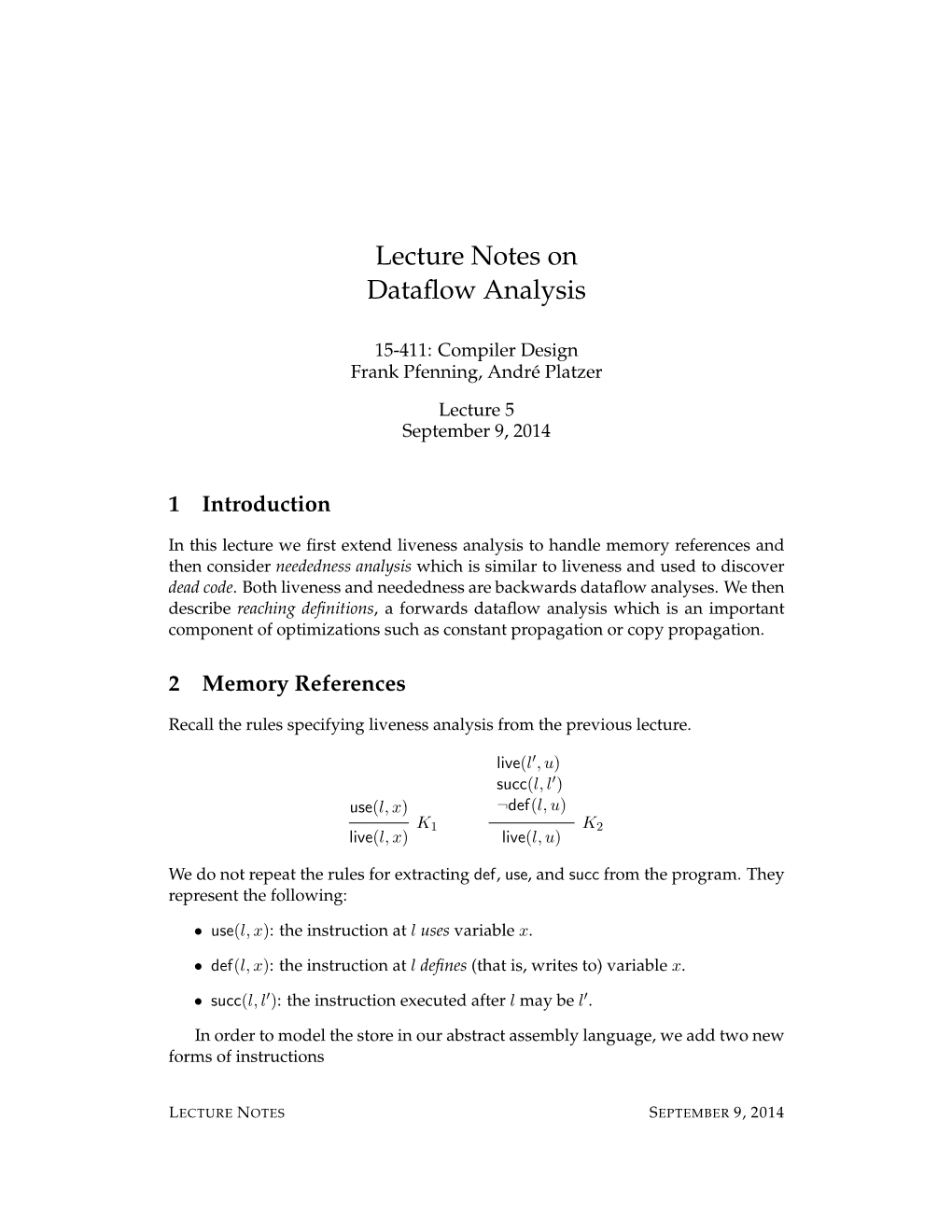 Lecture Notes on Dataflow Analysis