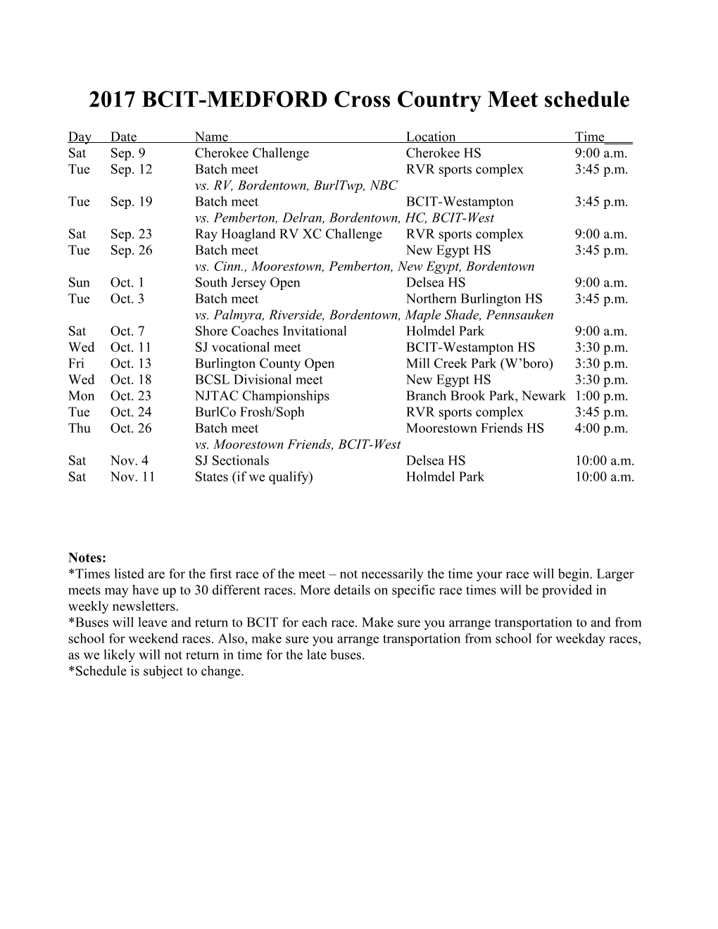 2017 BCIT-MEDFORD Cross Country Meet Schedule