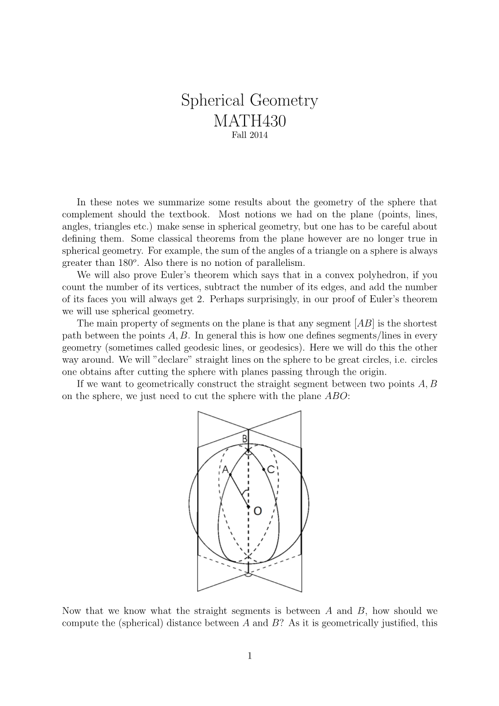 Spherical Geometry MATH430 Fall 2014