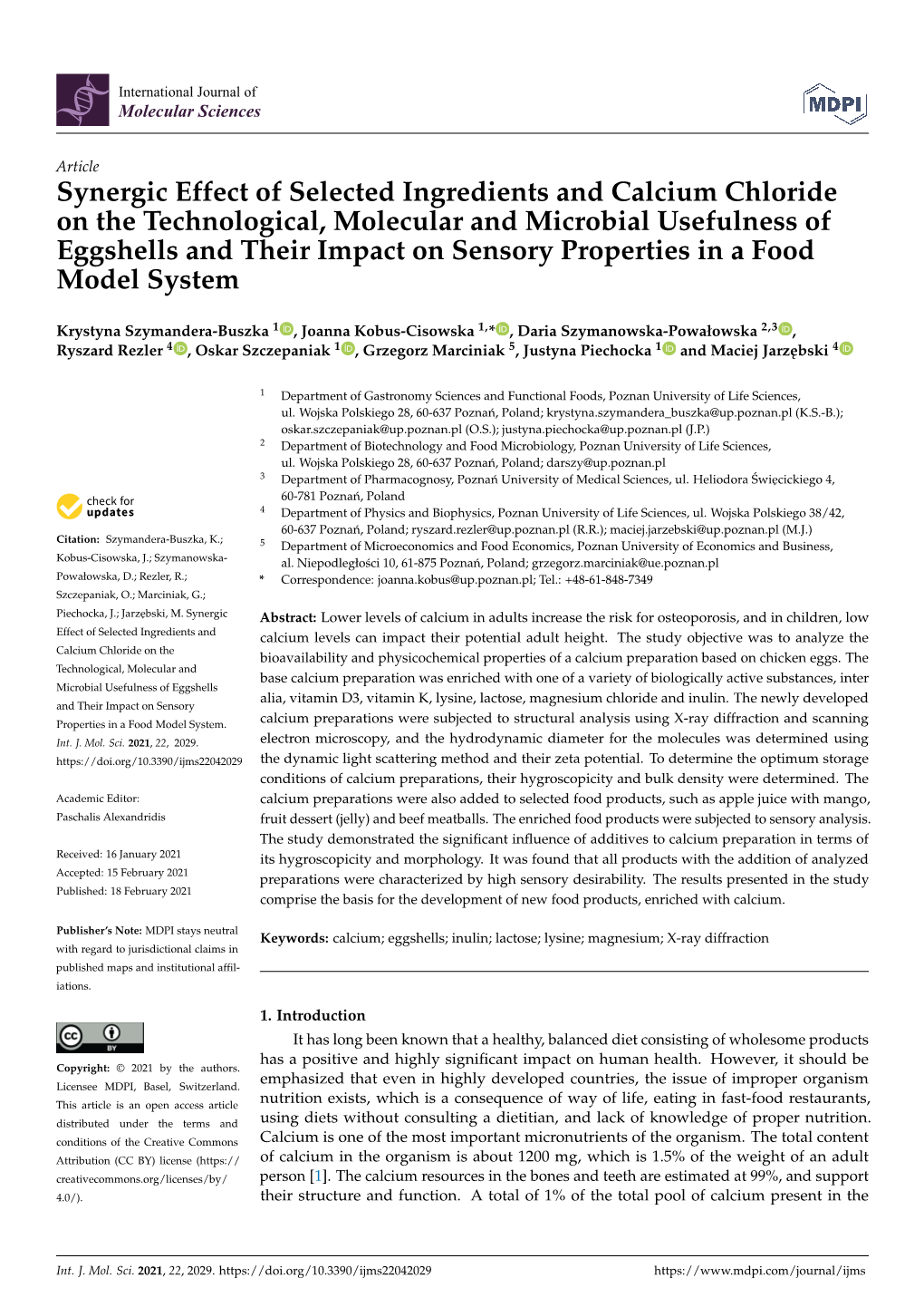 Synergic Effect of Selected Ingredients and Calcium Chloride On