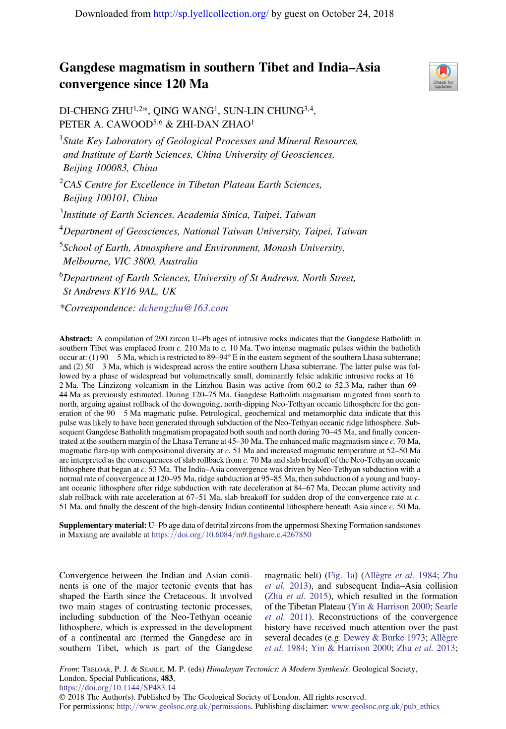 Gangdese Magmatism in Southern Tibet and India–Asia Convergence Since 120 Ma