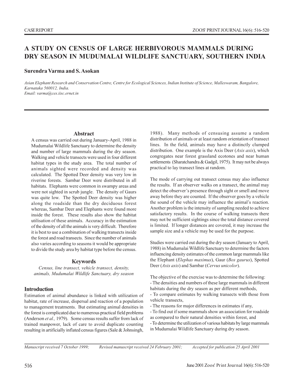 A Study on Census of Large Herbivorous Mammals During Dry Season in Mudumalai Wildlife Sanctuary, Southern India