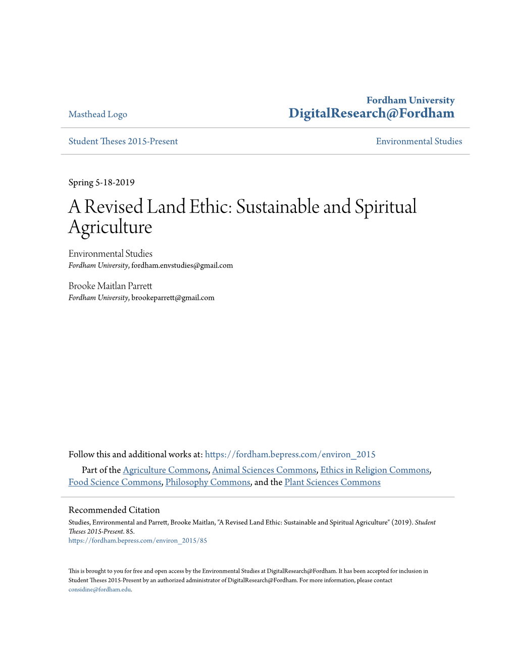 A Revised Land Ethic: Sustainable and Spiritual Agriculture Environmental Studies Fordham University, Fordham.Envstudies@Gmail.Com