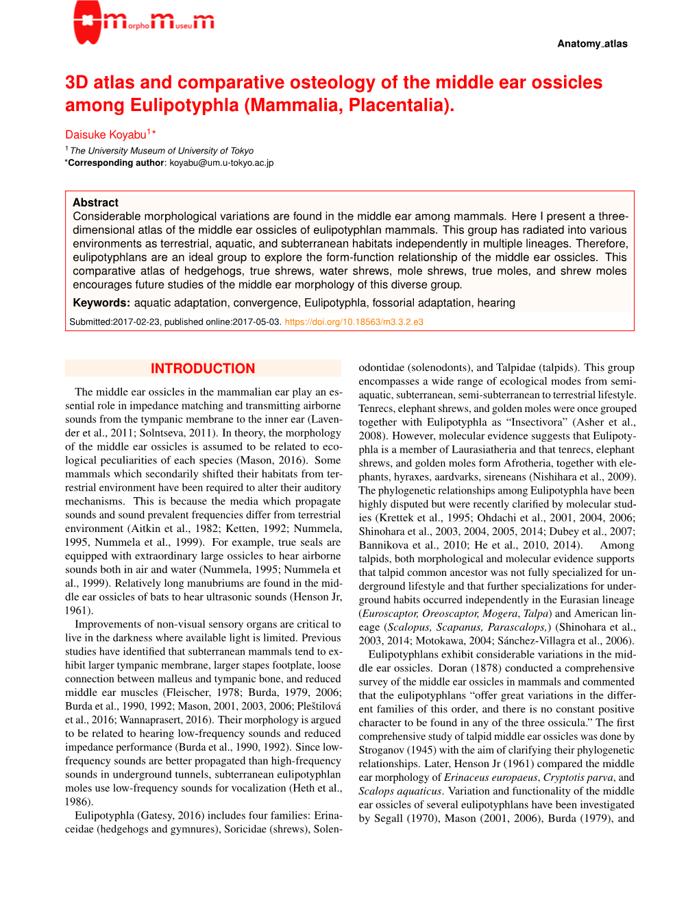 3D Atlas and Comparative Osteology of the Middle Ear Ossicles Among Eulipotyphla (Mammalia, Placentalia)