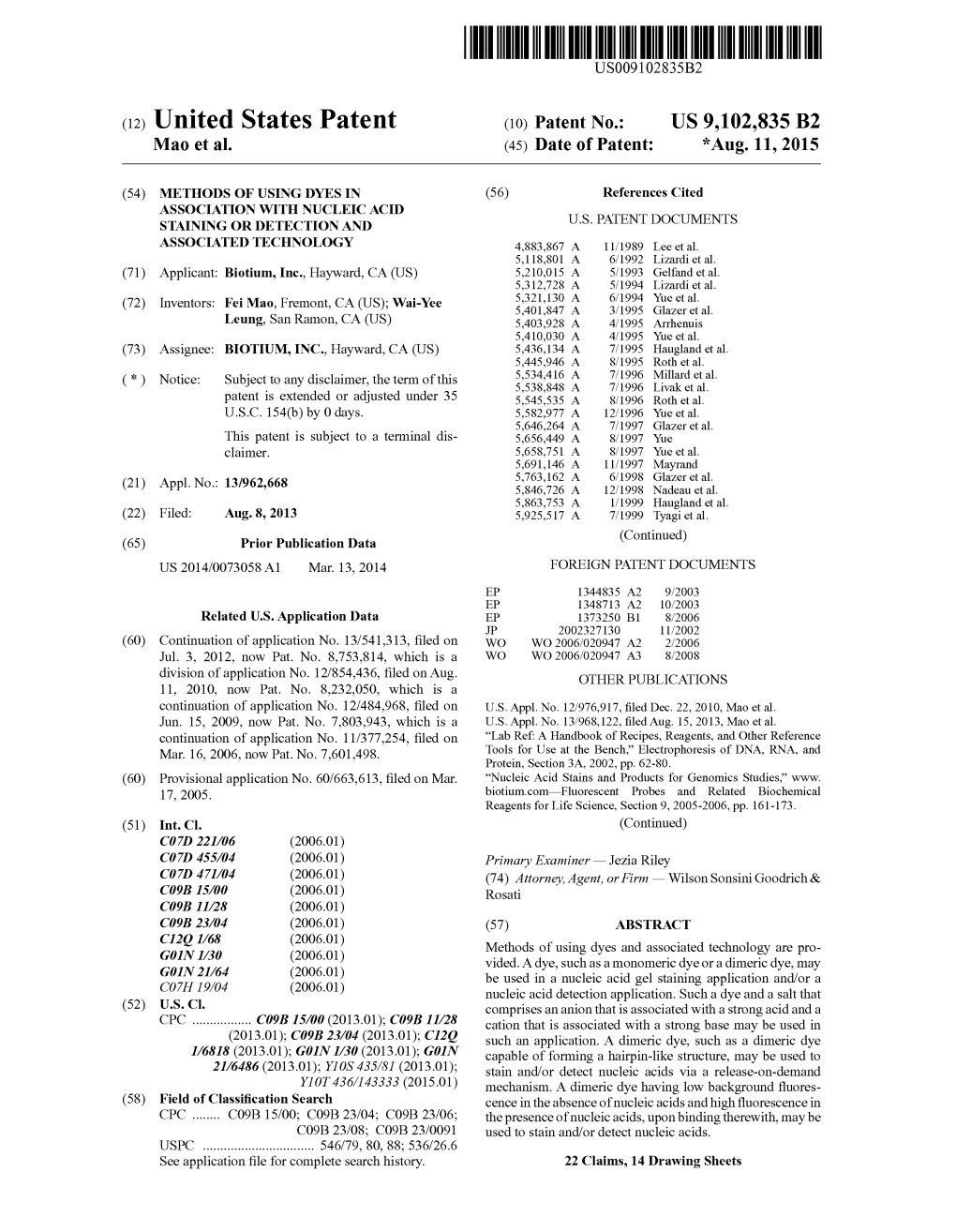 (12) United States Patent (10) Patent No.: US 9,102,835 B2 Mao Et Al