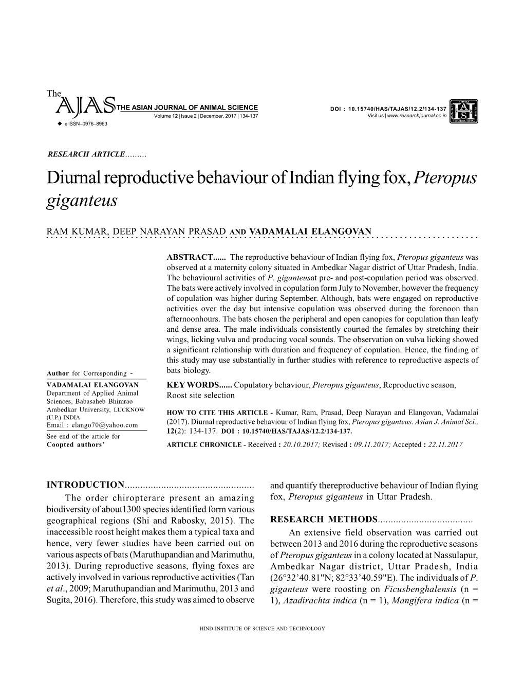 Diurnal Reproductive Behaviour of Indian Flying Fox,Pteropus Giganteus