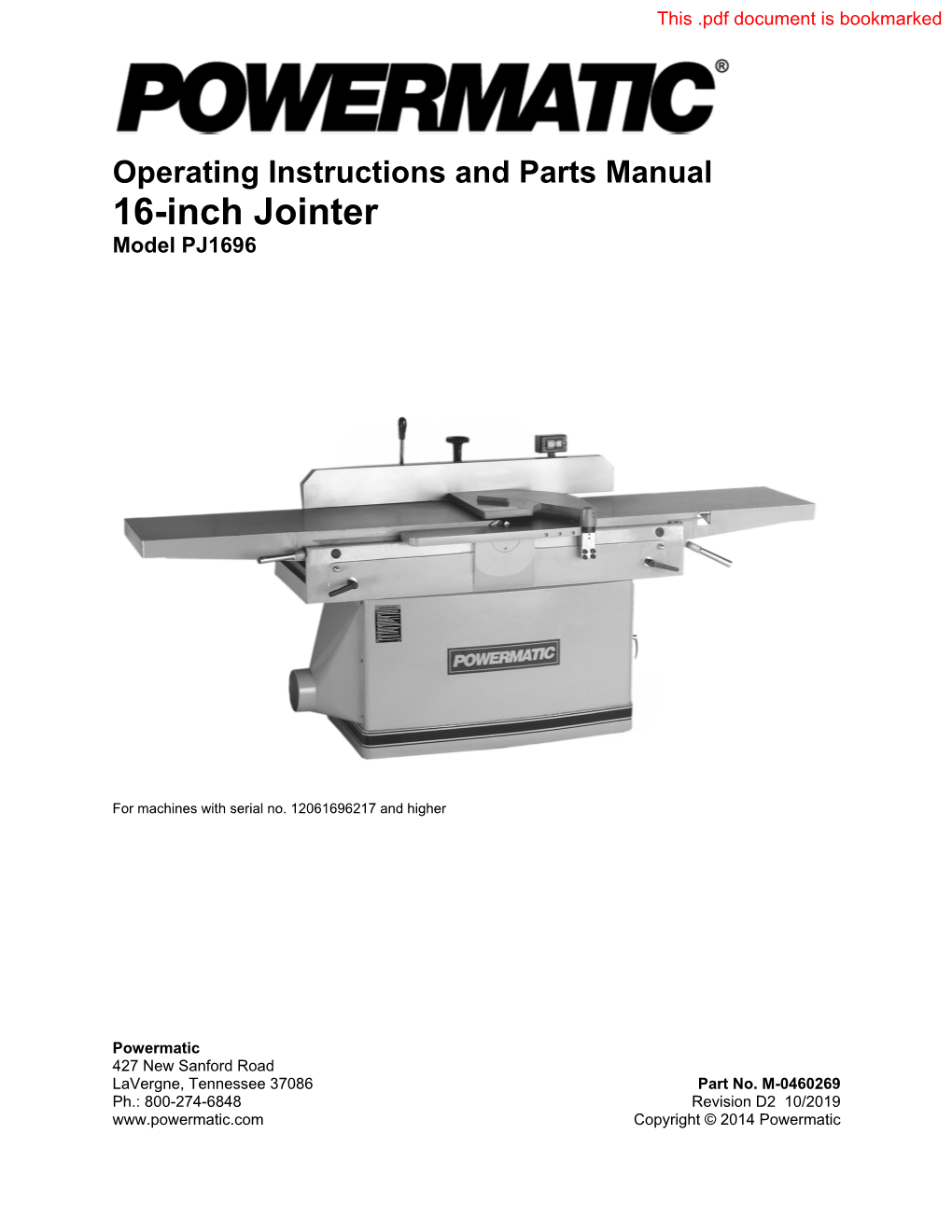 Operating Instructions and Parts Manual 16-Inch Jointer Model PJ1696