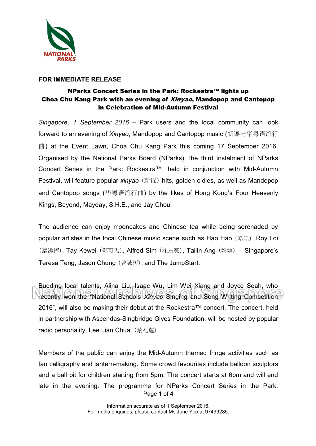 FOR IMMEDIATE RELEASE Singapore, 1 September 2016