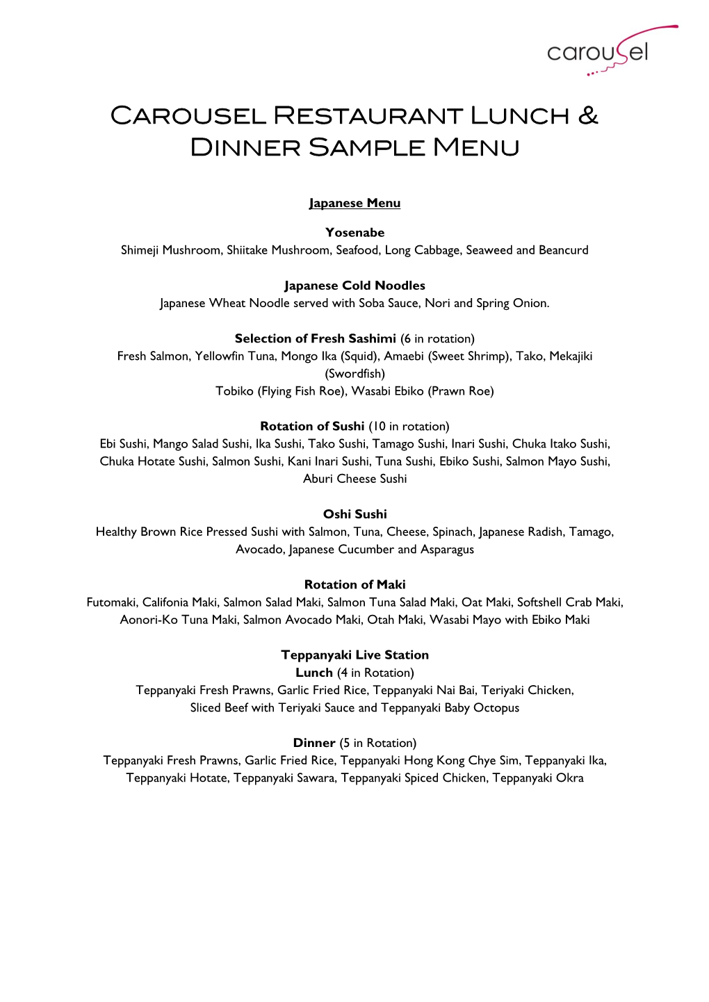 Carousel Restaurant Lunch & Dinner Sample Menu