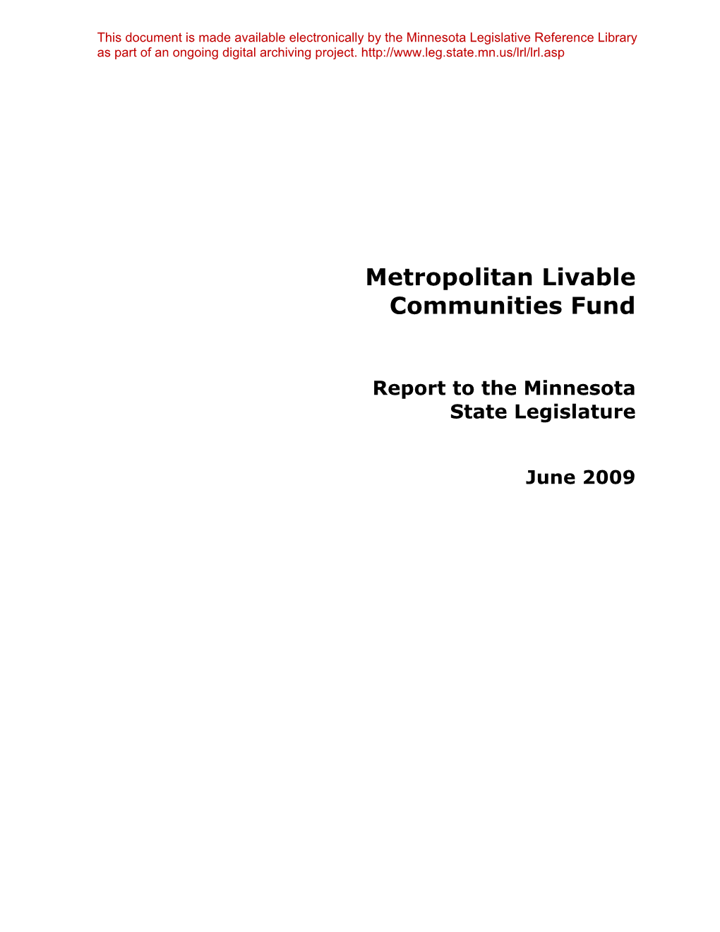 2009 Livable Communities Act Annual Report to the State Legislature