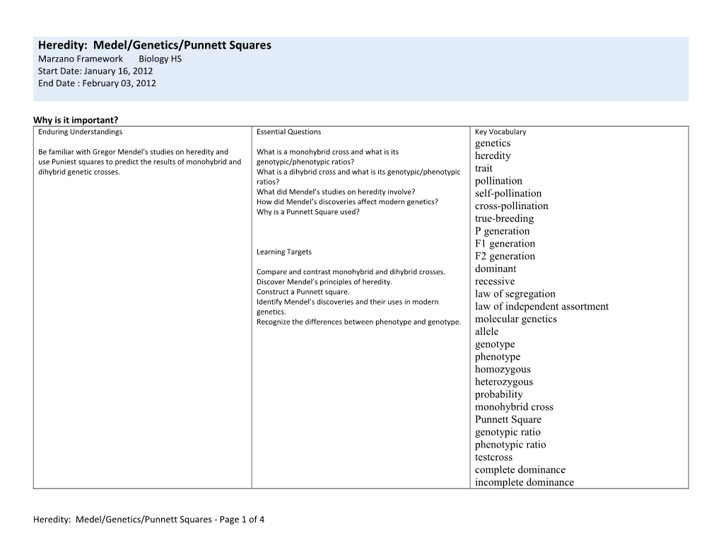 Medel/Genetics/Punnett Squares Marzano Framework Biology HS Start Date: January 16, 2012 End Date : February 03, 2012