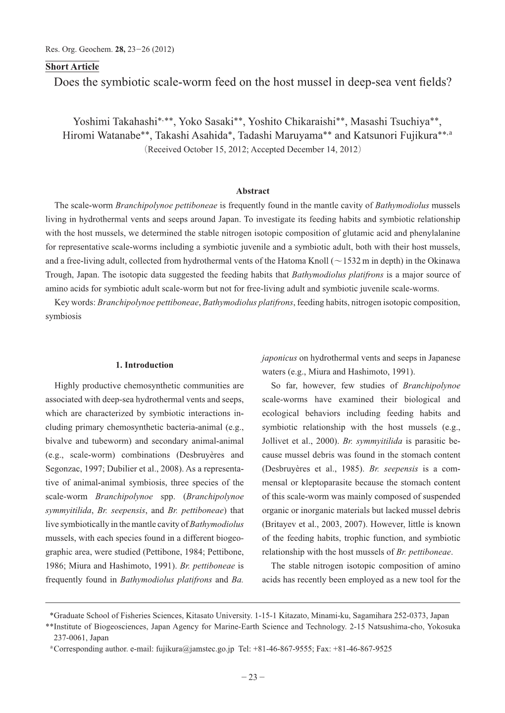 Does the Symbiotic Scale-Worm Feed on the Host Mussel in Deep-Sea Vent ﬁ Elds?