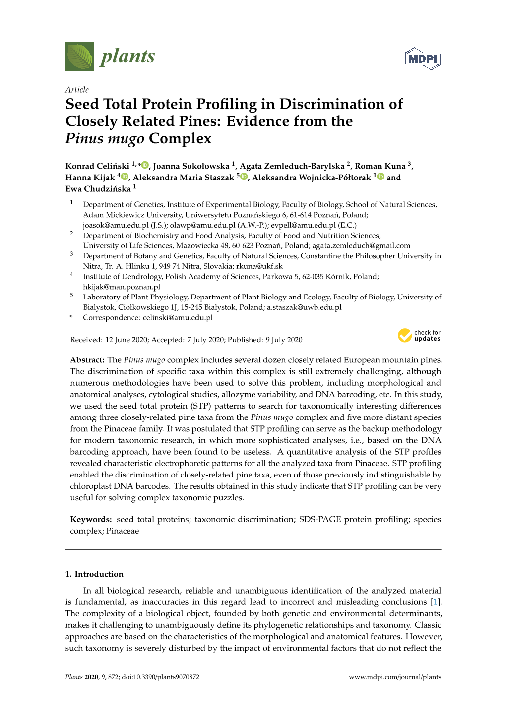 Seed Total Protein Profiling in Discrimination of Closely Related Pines: Evidence from the Pinus Mugo Complex