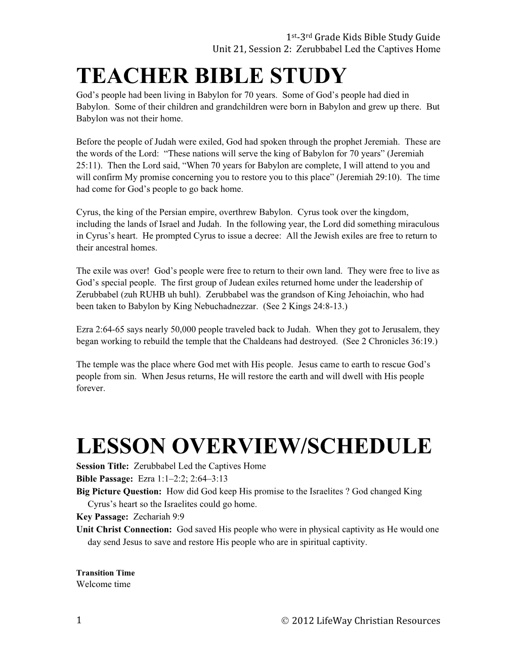 Teacher Bible Study Lesson Overview/Schedule