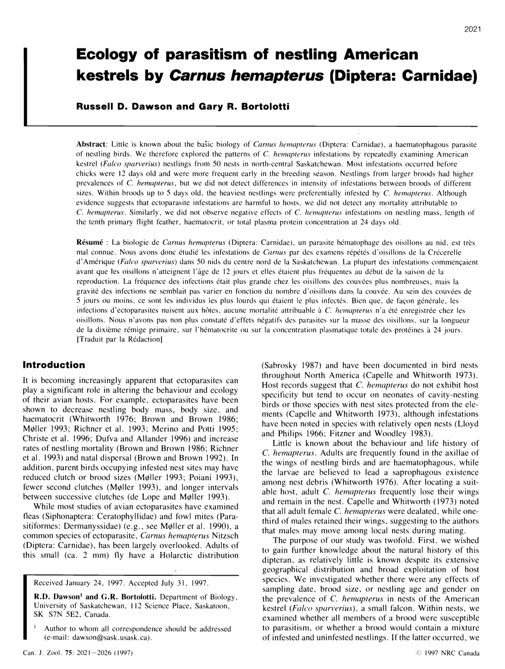 Ecology of Parasitism of Nestling American Kestrels by Carnus Hemapterus (Diptera: Carnidae)