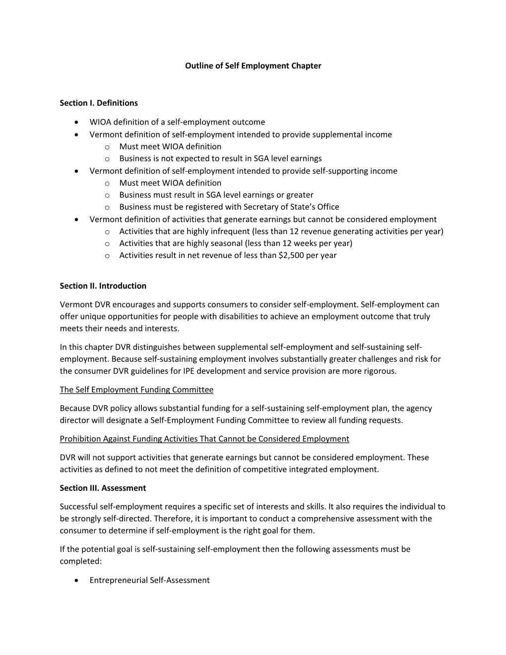 Outline of Self Employment Chapter Section I. Definitions • WIOA