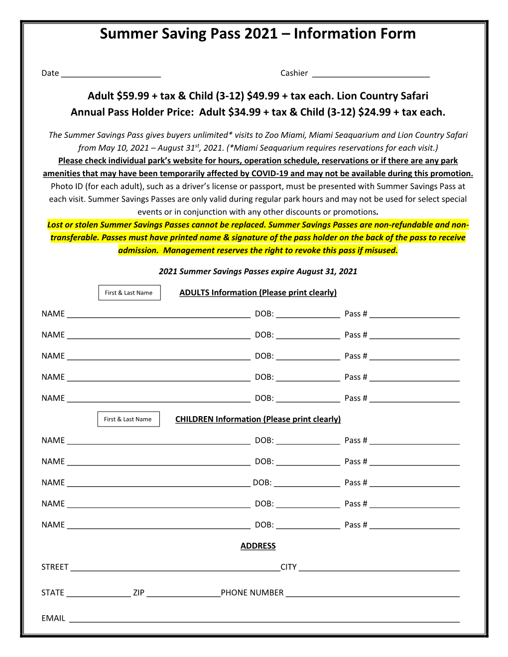 Summer Saving Pass 2021 – Information Form