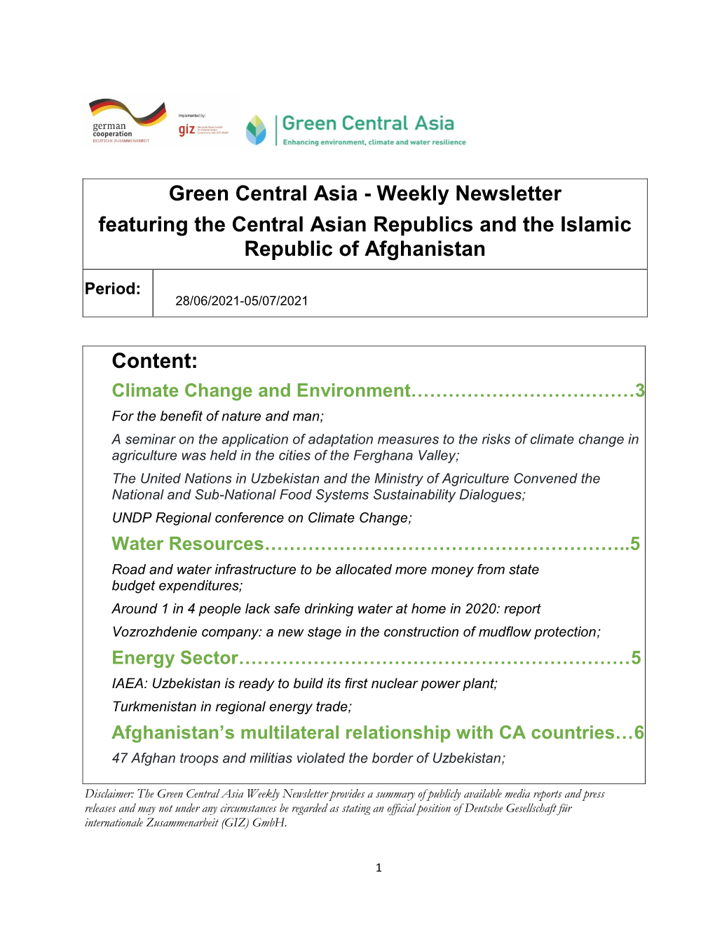 Weekly Newsletter Featuring the Central Asian Republics and the Islamic Republic of Afghanistan