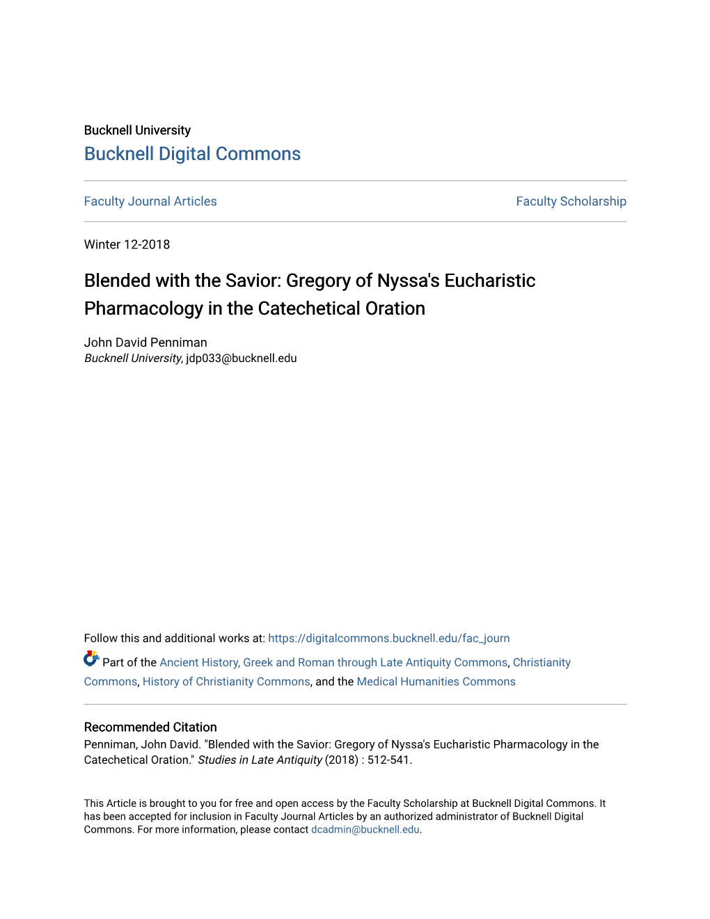 Blended with the Savior: Gregory of Nyssa's Eucharistic Pharmacology in the Catechetical Oration