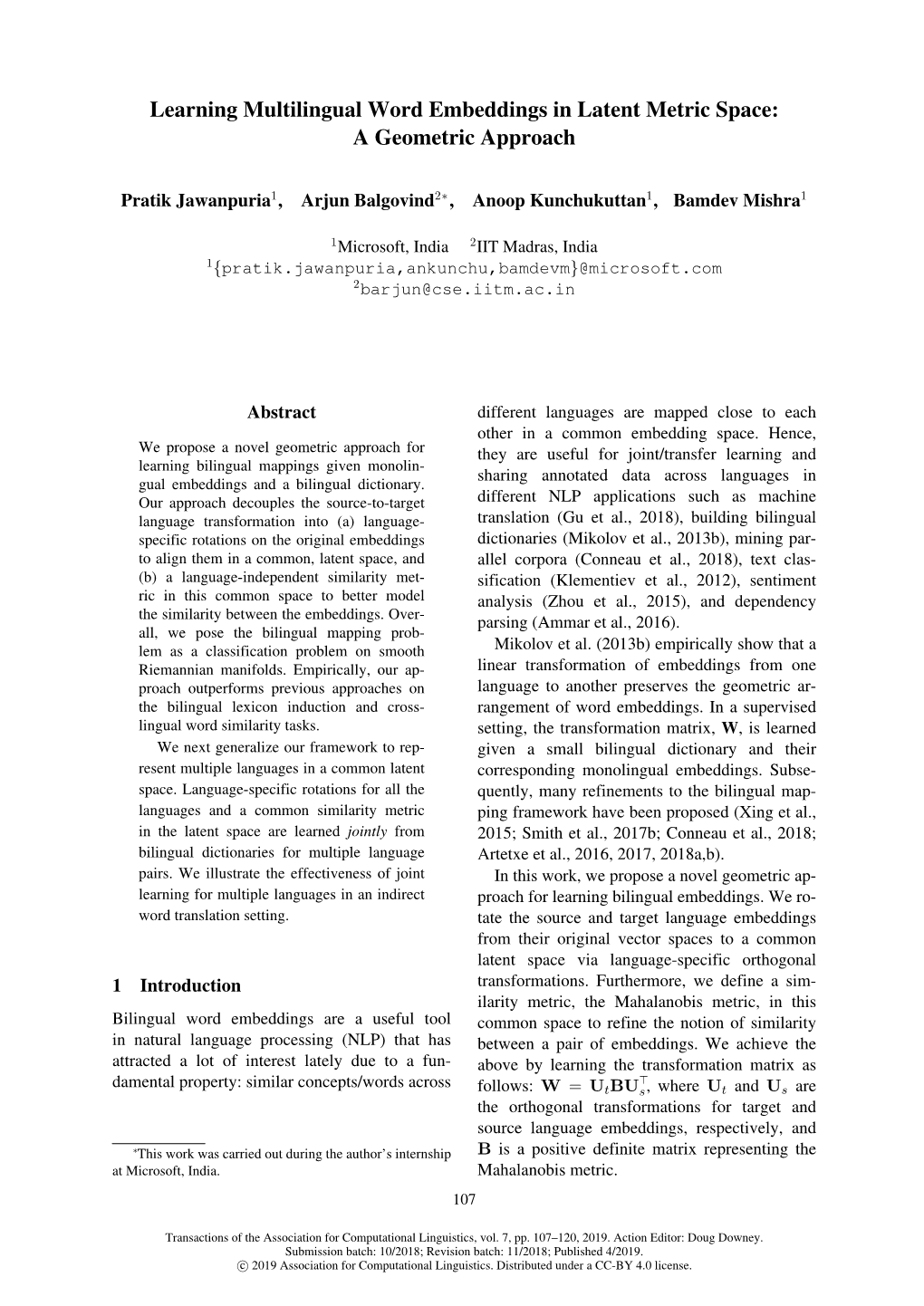 Learning Multilingual Word Embeddings in Latent Metric Space: a Geometric Approach