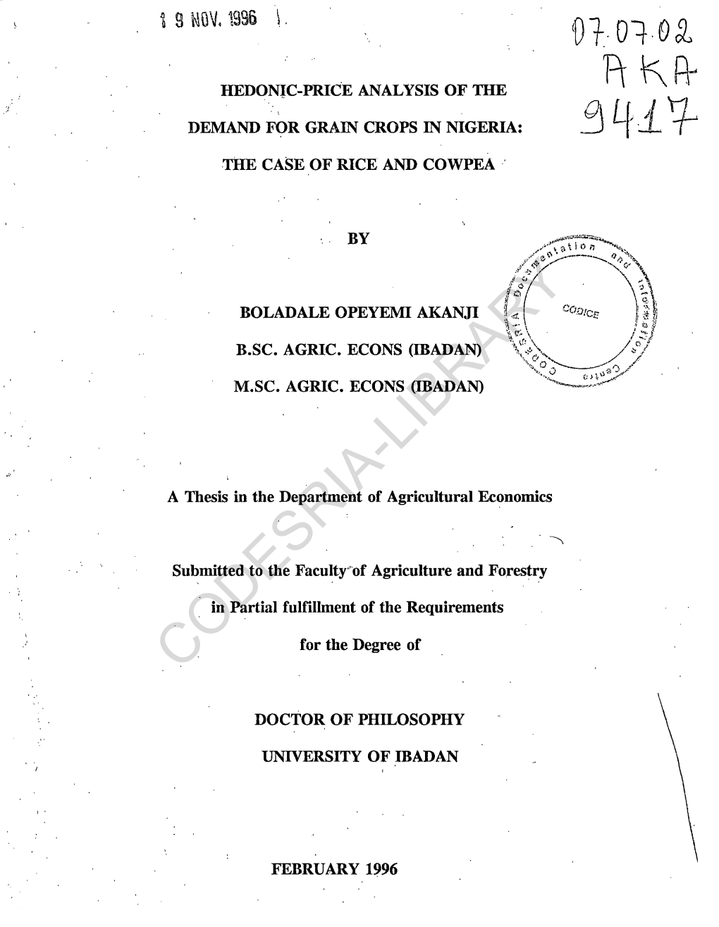 Hedonic-Price Analysis of the Demand for Grain Crops in Nigeria