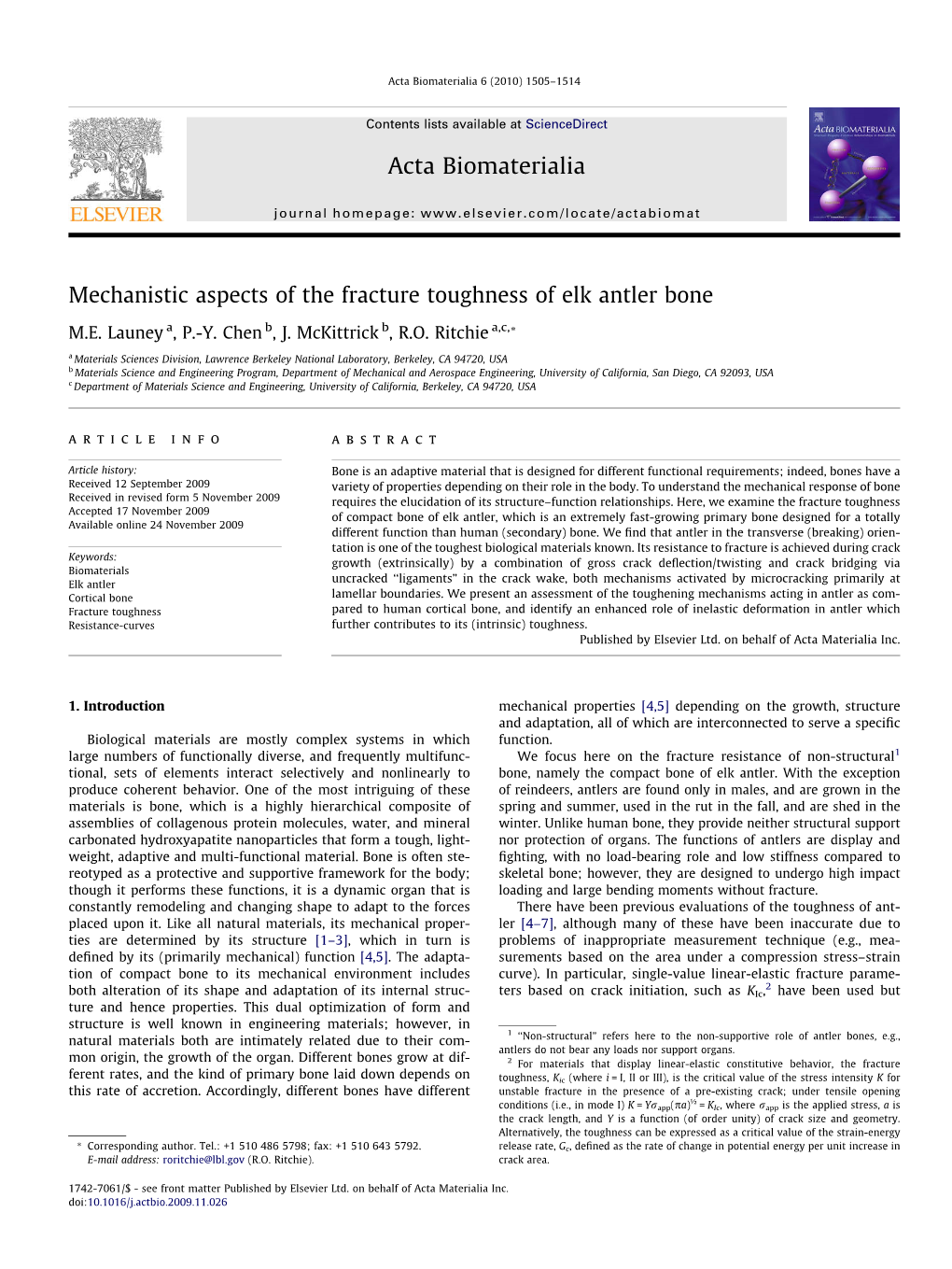 Mechanistic Aspects of the Fracture Toughness of Elk Antler Bone