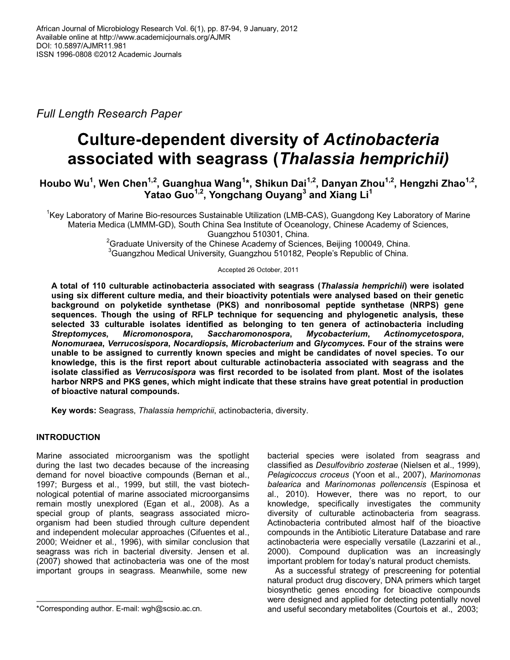Culture-Dependent Diversity of Actinobacteria Associated with Seagrass (Thalassia Hemprichii)