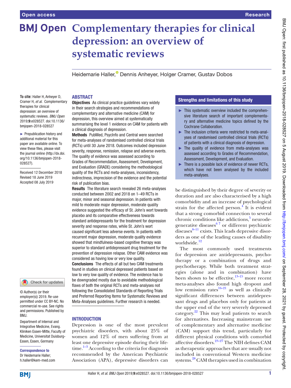 Complementary Therapies for Clinical Depression: an Overview of Systematic Reviews