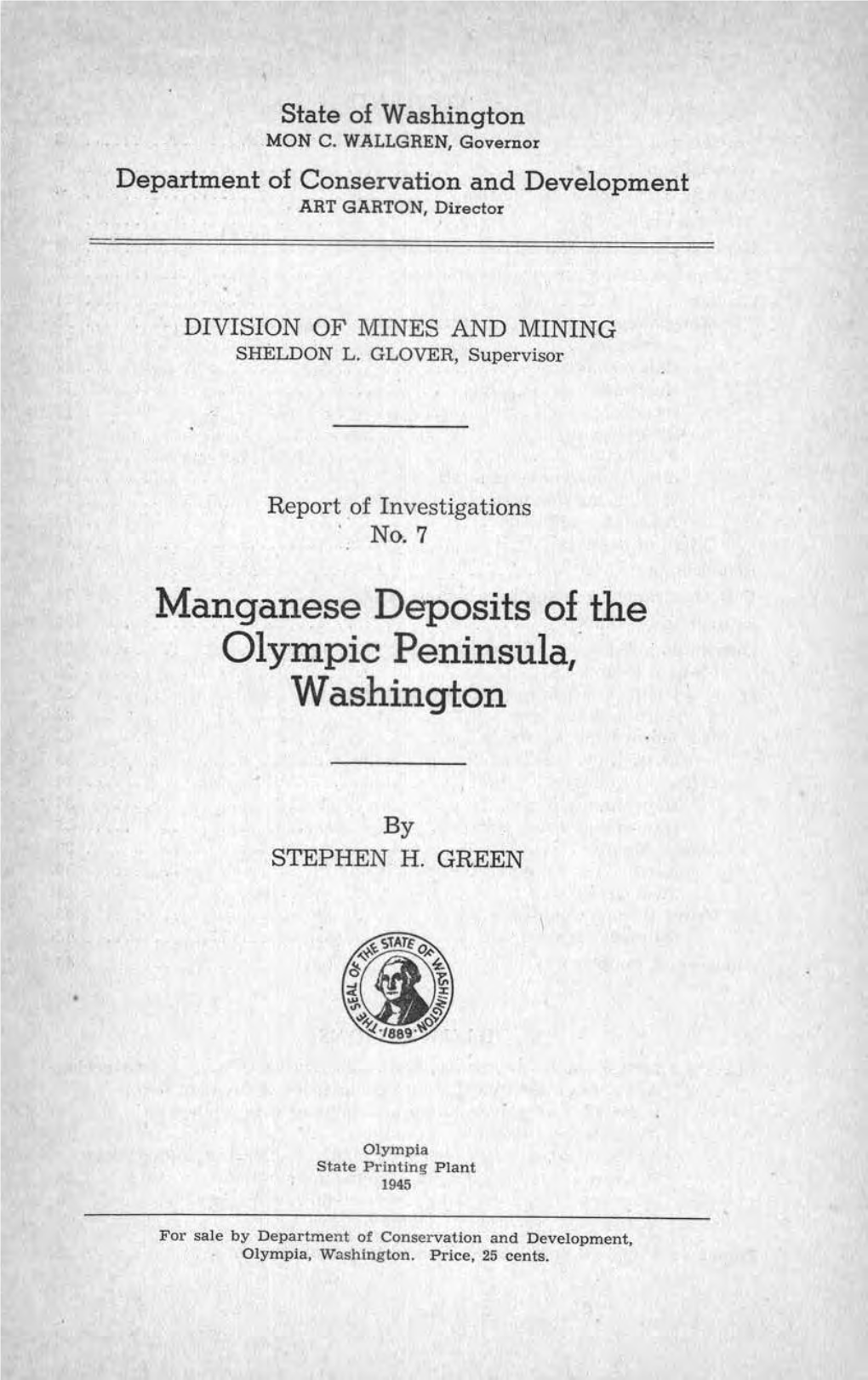 Manganese Deposits of the Olympic Peninsula,· Washington