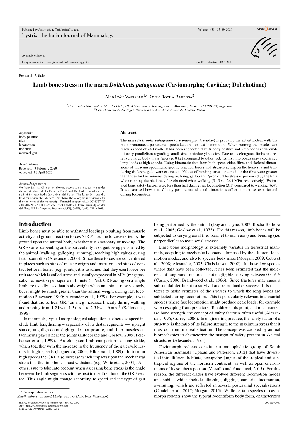 Limb Bone Stress in the Mara Dolichotis Patagonum (Caviomorpha; Caviidae; Dolichotinae)