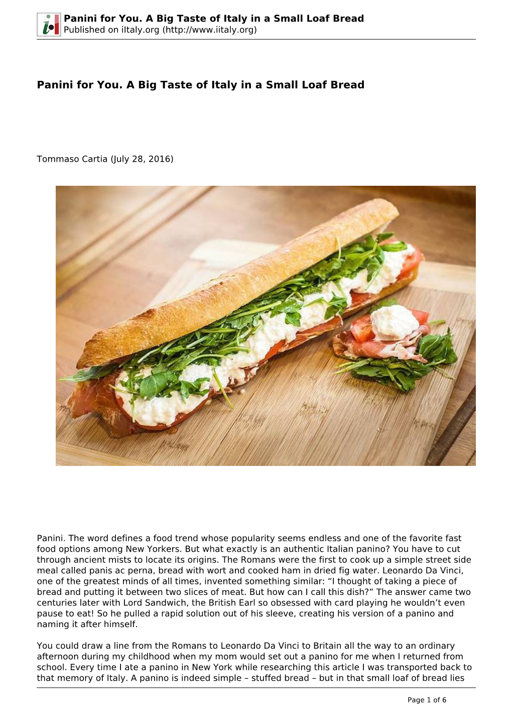 Panini for You. a Big Taste of Italy in a Small Loaf Bread Published on Iitaly.Org (