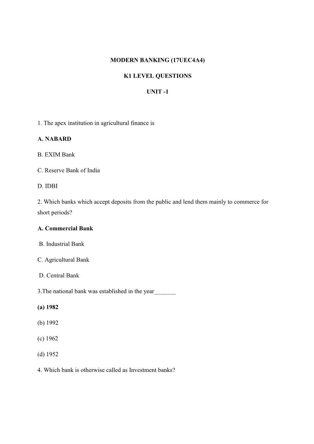 Modern Banking (17Uec4a4) K1 Level Questions Unit