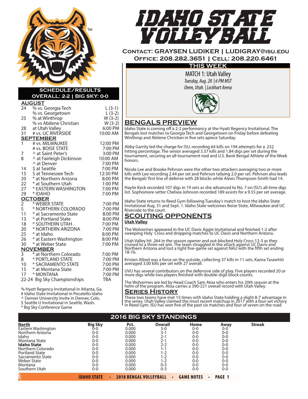 IDAHO STATE VOLLEYBALL Contact: GRAYSEN LUDIKER | LUDIGRAY@Isu.Edu Office: 208.282.3651 | Cell: 208.220.6461 THIS WEEK MATCH 1: Utah Valley Tuesday, Aug