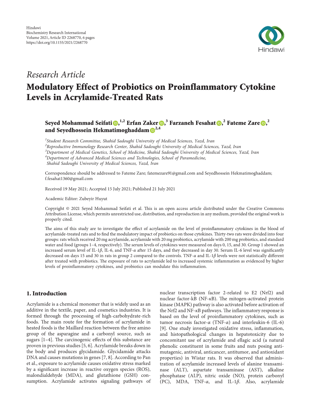 Modulatory Effect of Probiotics on Proinflammatory Cytokine Levels in Acrylamide-Treated Rats