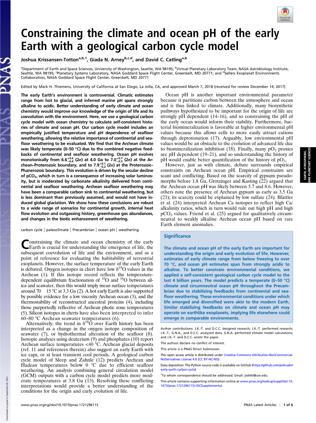 Constraining the Climate and Ocean Ph of the Early Earth with a Geological Carbon Cycle Model