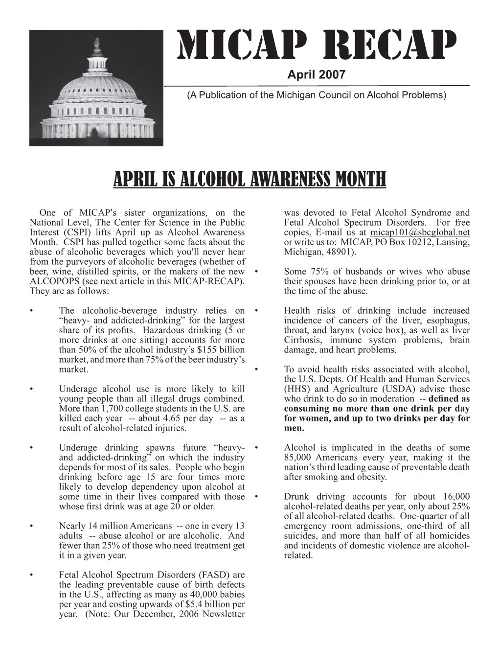 MICAP RECAP April 2007 (A Publication of the Michigan Council on Alcohol Problems)