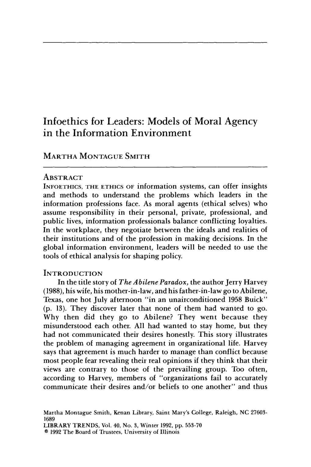 Infoethics for Leaders: Models of Moral Agency in the Information Environment