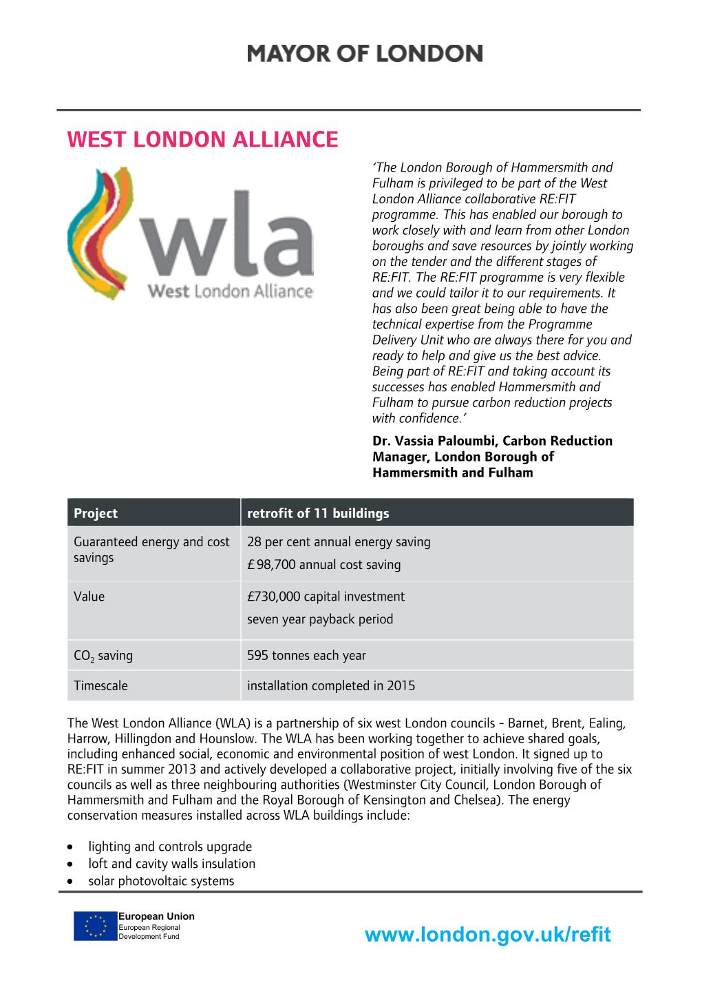 WEST LONDON ALLIANCE ‘The London Borough of Hammersmith and Fulham Is Privileged to Be Part of the West London Alliance Collaborative RE:FIT Programme