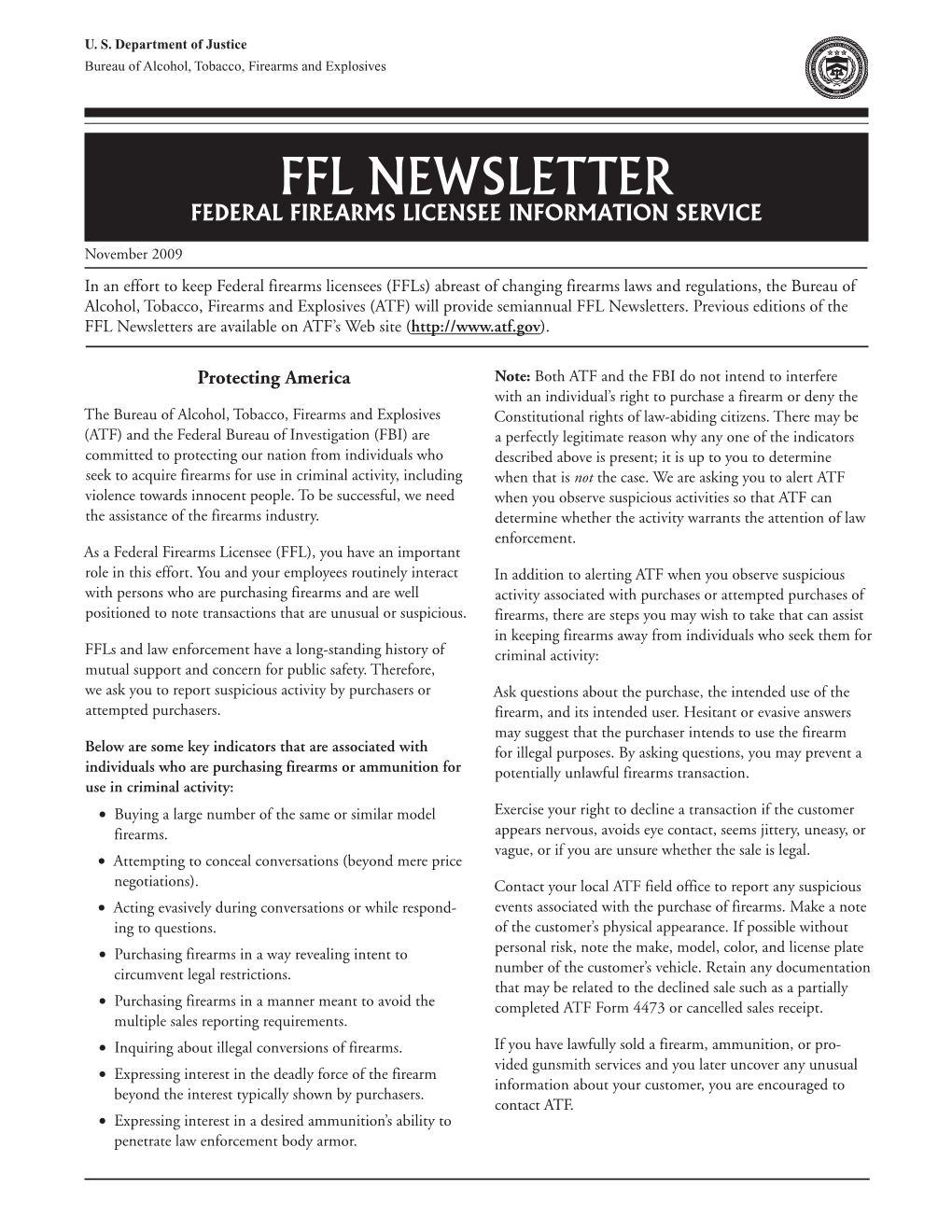 Federal Firearms Licensees Newsletter-November 2009