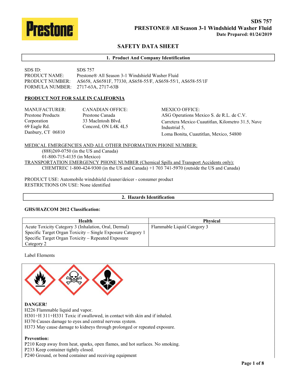 SDS 757 PRESTONE® All Season 3-1 Windshield Washer Fluid Date Prepared: 01/24/2019