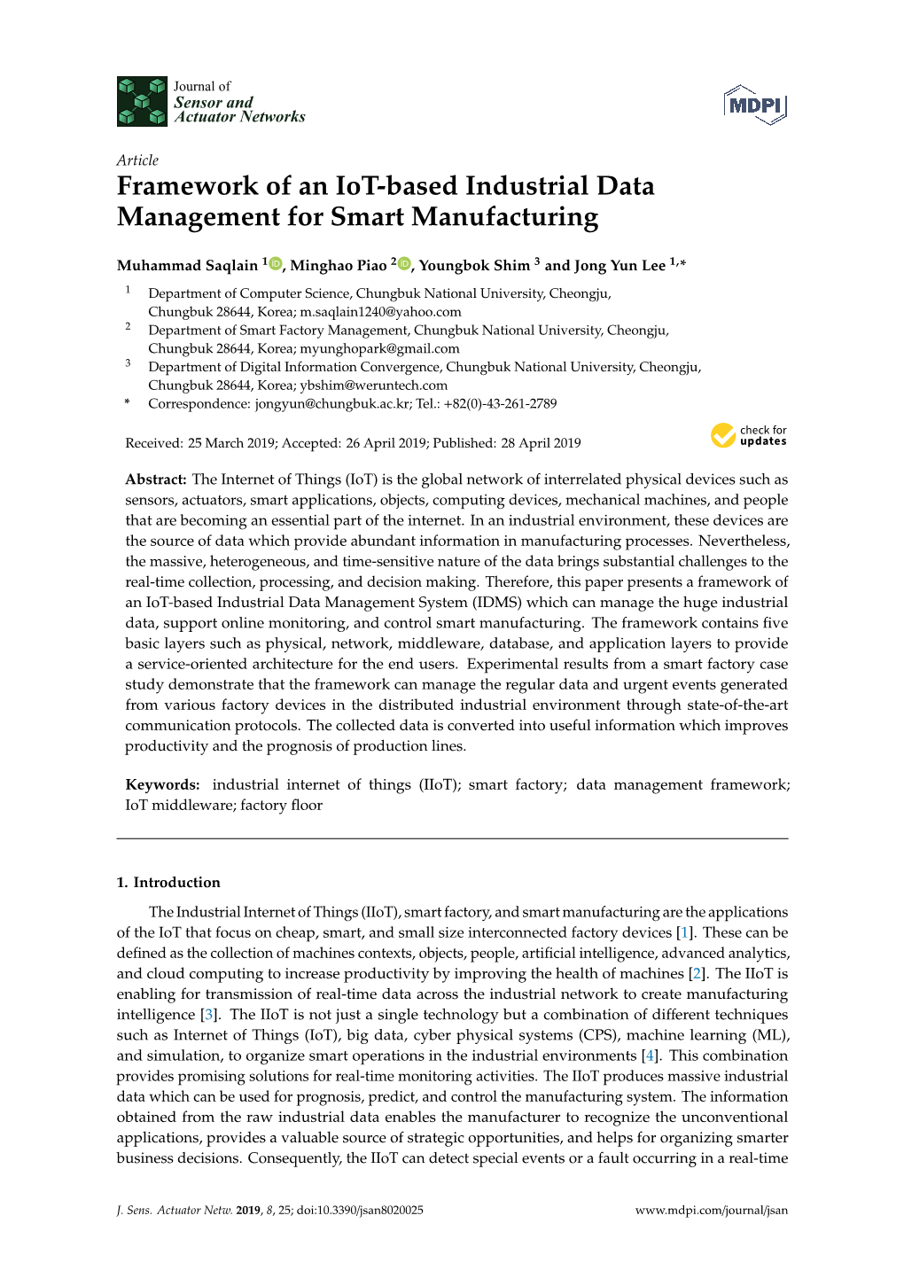 Framework of an Iot-Based Industrial Data Management for Smart Manufacturing