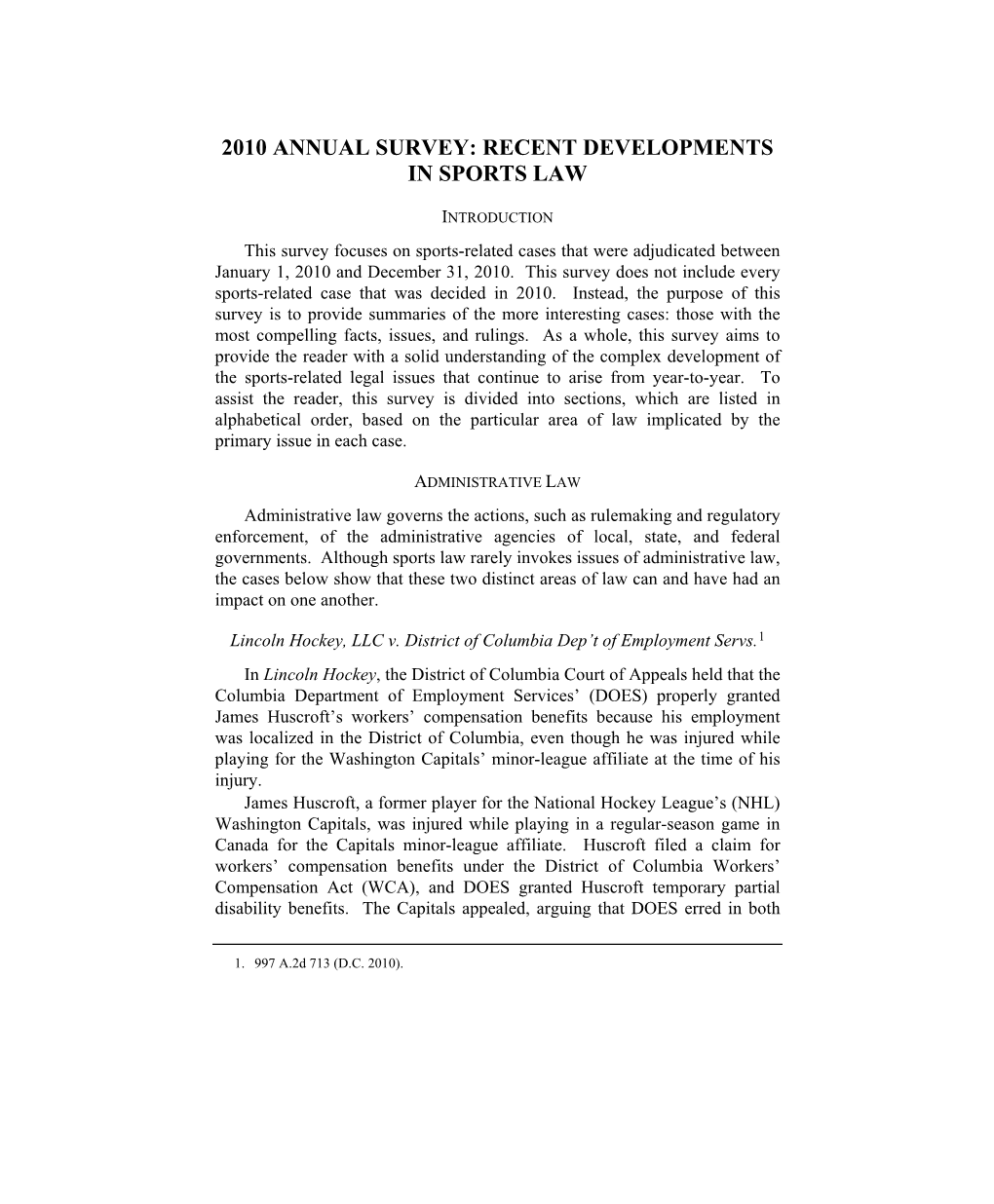 2010 Annual Survey: Recent Developments in Sports Law