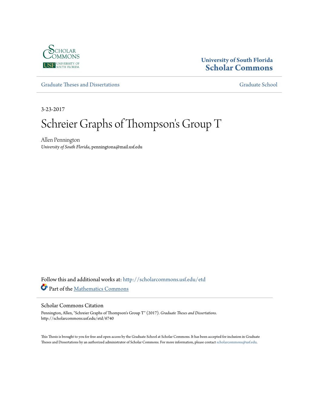Schreier Graphs of Thompson's Group T Allen Pennington University of South Florida, Penningtona@Mail.Usf.Edu