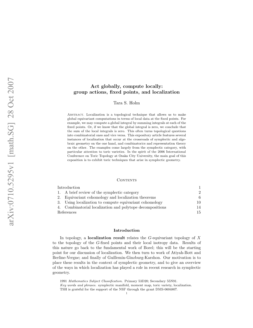 Act Globally, Compute Locally: Group Actions, Fixed Points, and Localization