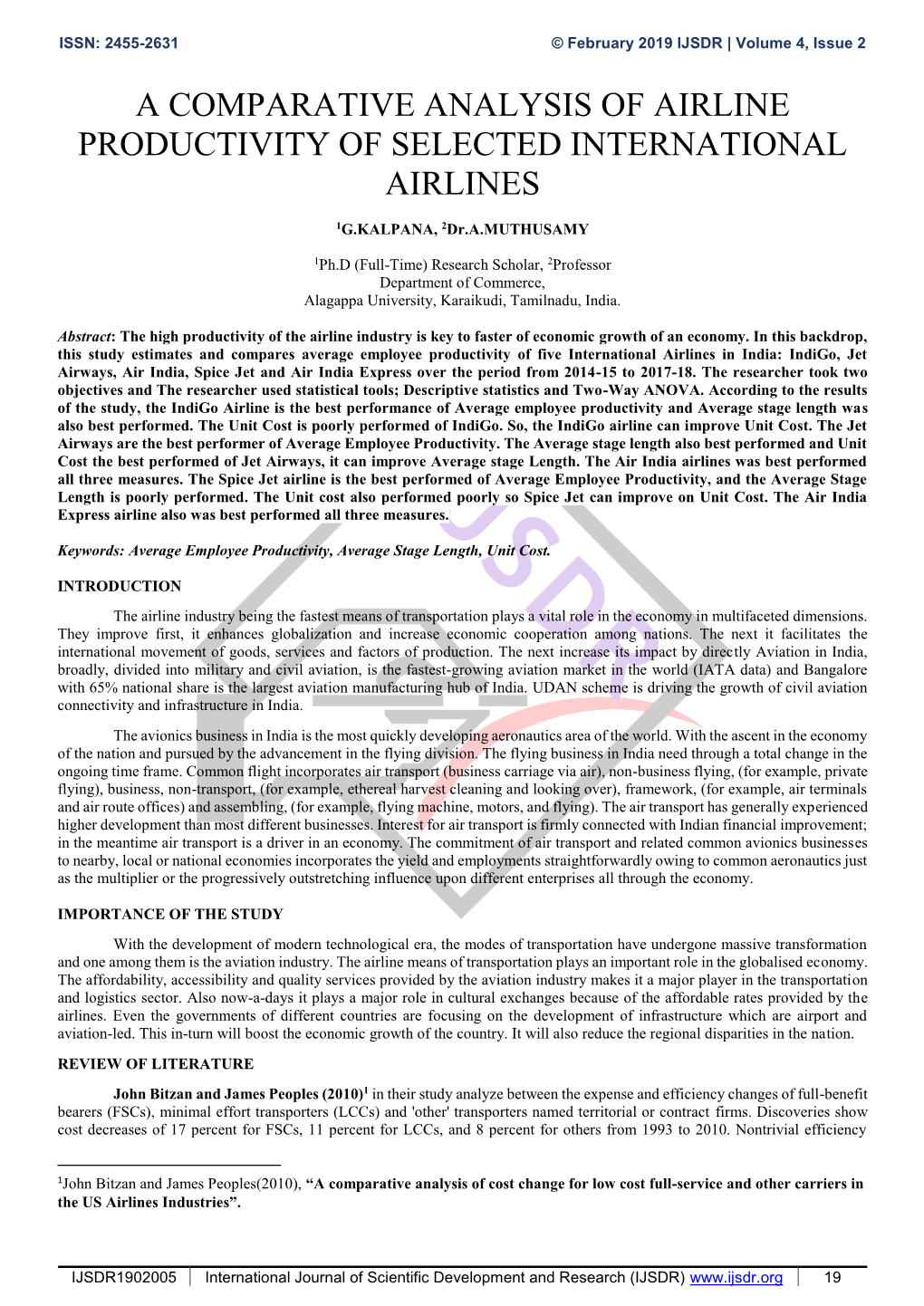 A Comparative Analysis of Airline Productivity of Selected International Airlines