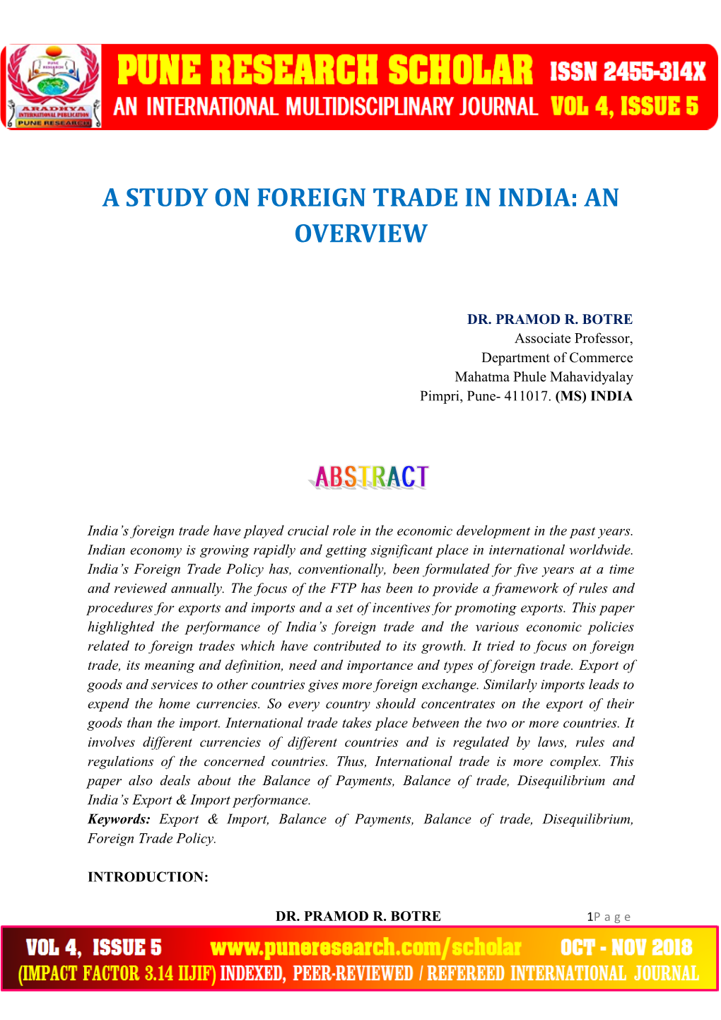 A Study on Foreign Trade in India: an Overview