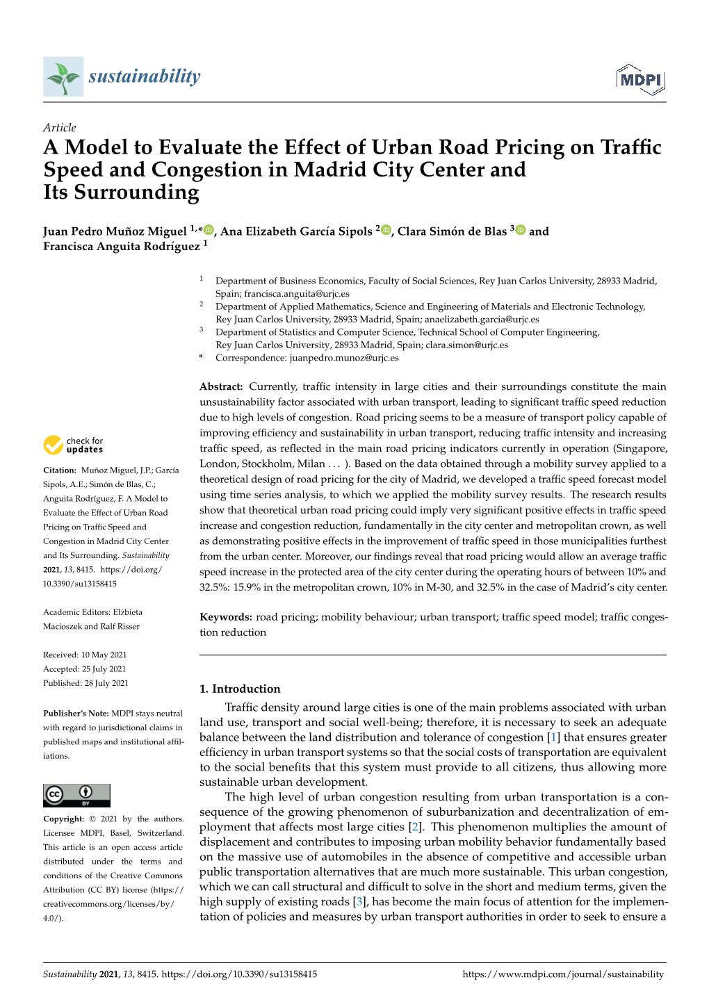 A Model to Evaluate the Effect of Urban Road Pricing on Traffic